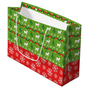 Festive Green and Red Reindeer and Snowflakes Large Gift Bag