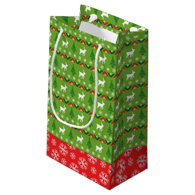 Festive Green and Red Reindeer | Snowflakes Small Gift Bag (Back Angled)