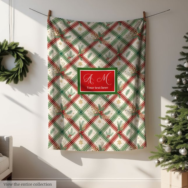 Festive green and red tartan monogram holiday fleece blanket (Festive green and red tartan monogram holiday Fleece Blanket)