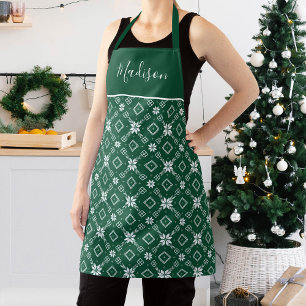 Festive Green and White Nordic Snowflake Pattern Apron