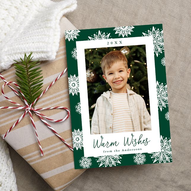 Festive Green and White Snowflakes Photo Holiday Card (Creator Uploaded)