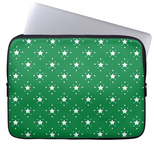 Festive Green and White Stars Pattern Laptop Sleeve (Front)