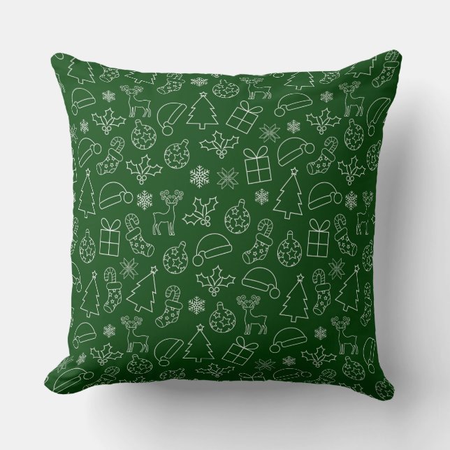Festive Green and White Winter Christmas Pattern Cushion (Front)