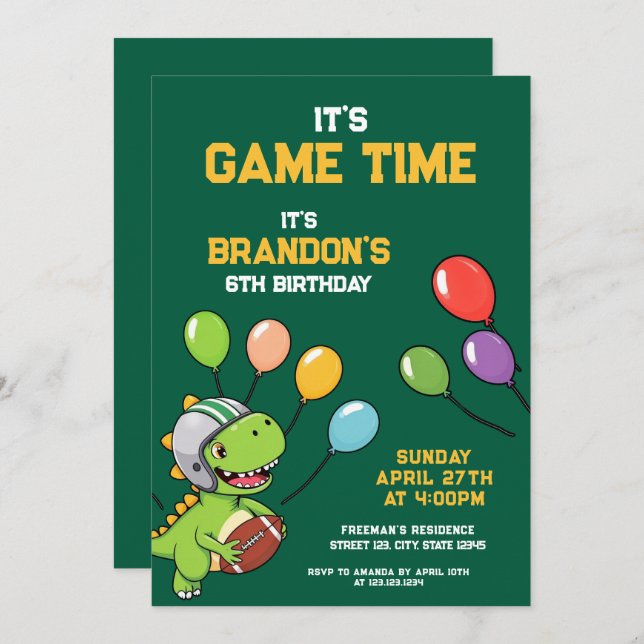 Festive Green and Yellow Dinosaur Kids Birthday Invitation (Front/Back)