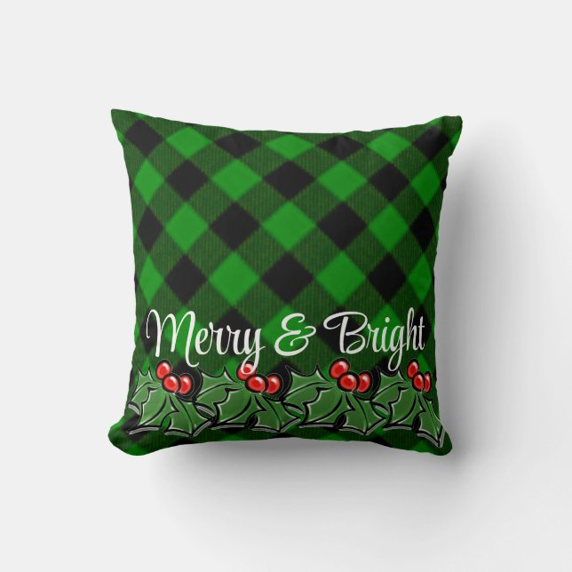 Festive green black plaid holly leaves berries cushion (Front)