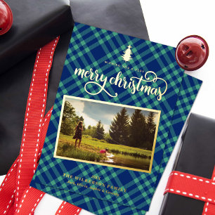 Festive Green & Blue Plaid Photo Foil Holiday Card