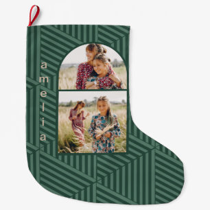 Festive Green Boho Geometric Two Photo Large Christmas Stocking