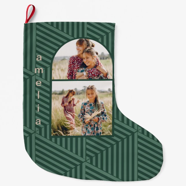 Festive Green Boho Geometric Two Photo Large Christmas Stocking (Front)