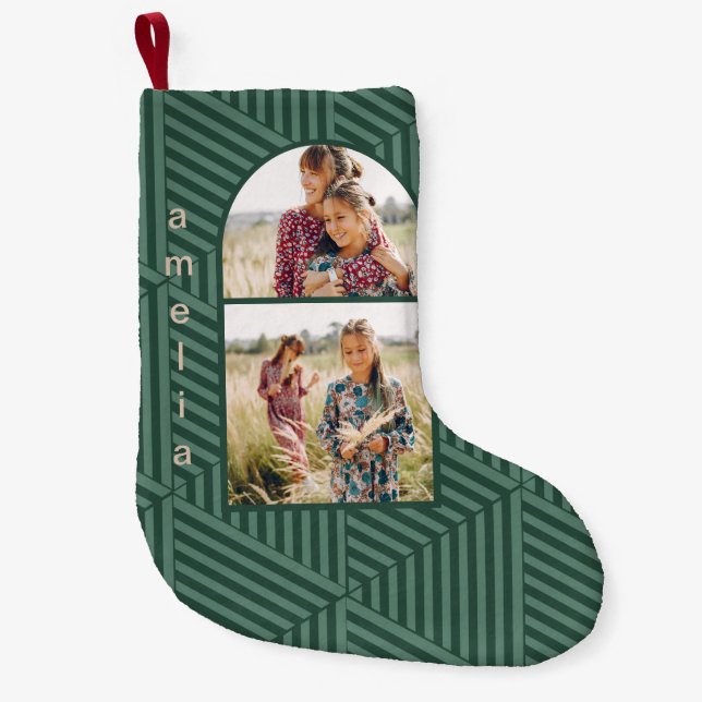 Festive Green Boho Geometric Two Photo Small Christmas Stocking (Front)