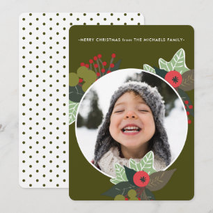 Festive Green Botanical Circle Photo Christmas Holiday Card