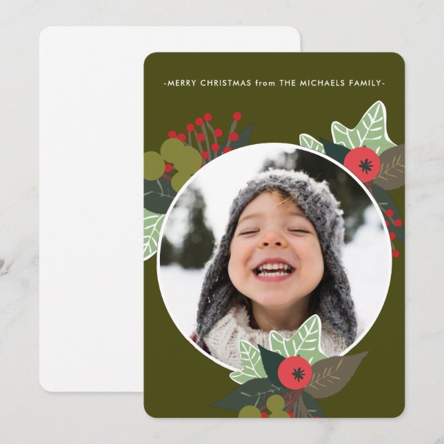 Festive Green Botanical Circle Photo Christmas Holiday Card (Front/Back)