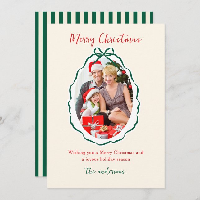 Festive Green Bow Frame Photo Christmas   Holiday Card (Front/Back)