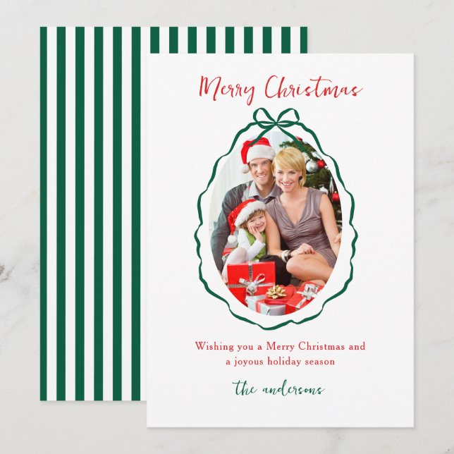 Festive Green Bow Frame Photo Christmas   Holiday Card (Front/Back)