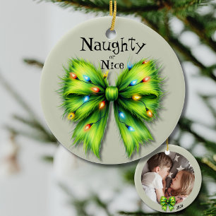 Festive Green Bow-Lights Naughty or Nice Photo Ceramic Tree Decoration