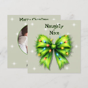 Festive Green Bow-Lights Naughty or Nice Photo Holiday Card