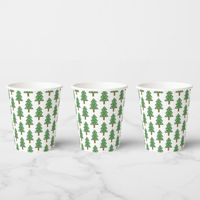Festive Green Brown Christmas Trees Pattern Paper Cups (Multi)