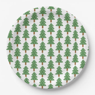 Festive Green Brown Christmas Trees Pattern Paper Plate