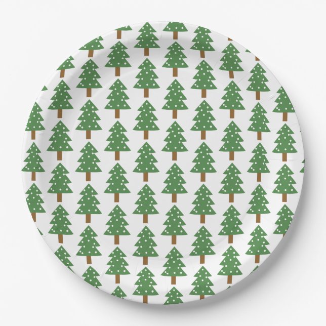 Festive Green Brown Christmas Trees Pattern Paper Plate (Front)