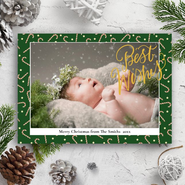 Festive Green Candy Cane Elegant Gold Script Photo Holiday Card (Creator Uploaded)