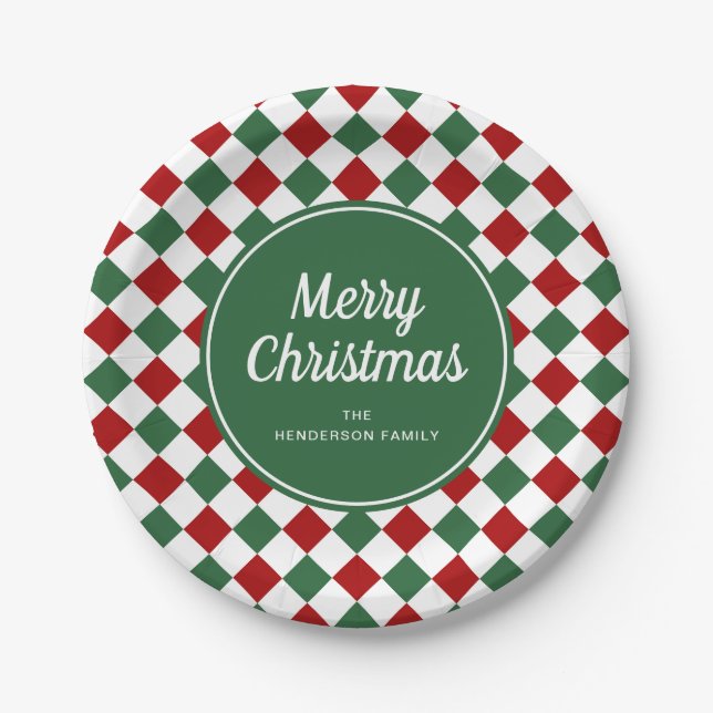 Festive Green Checked Merry Christmas Paper Plate (Front)