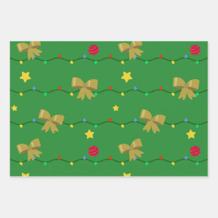 Festive Green Christmas Lights & Gold Bows Wrapping Paper Sheet
