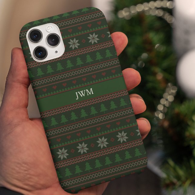 Festive Green Christmas Pattern Monogram iPhone Case (Creator Uploaded)