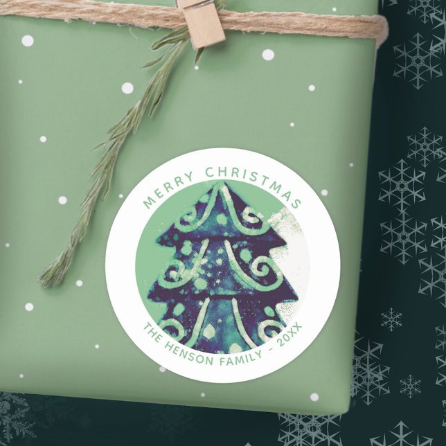 Festive Green Christmas Tree Family Holidays Classic Round Sticker (Creator Uploaded)