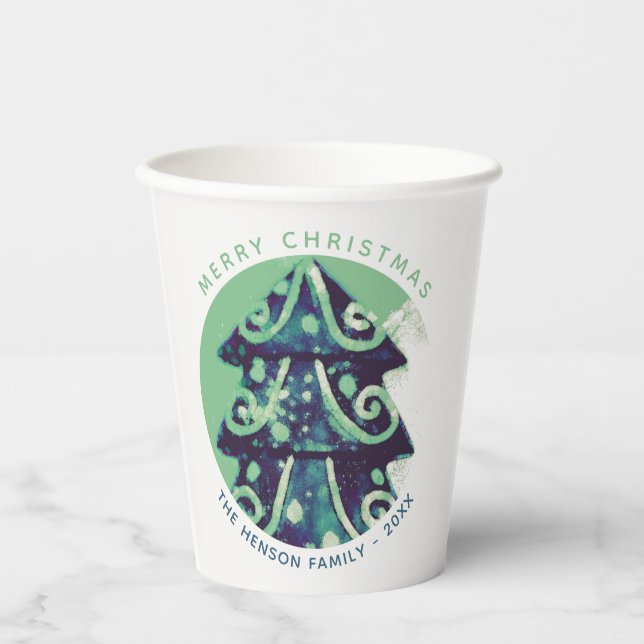 Festive Green Christmas Tree Family Holidays Paper Cups (Front)