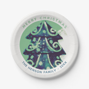 Festive Green Christmas Tree Family Holidays Paper Plate