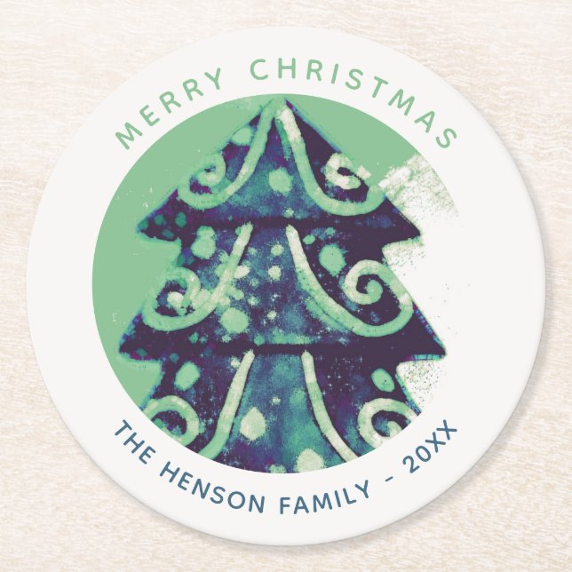 Festive Green Christmas Tree Family Holidays Round Paper Coaster (Front)