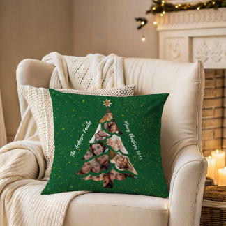 Festive Green Christmas Tree Family Photo Collage Cushion