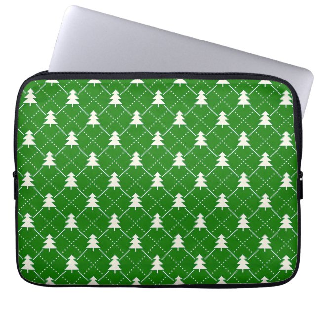 Festive Green Christmas Tree Pattern Laptop Sleeve (Front)