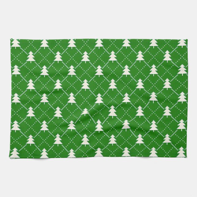 Festive Green Christmas Tree Pattern Tea Towel (Horizontal)