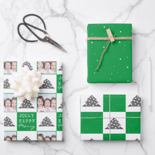 Festive Green Christmas Tree Snow Family Photo Wrapping Paper Sheet