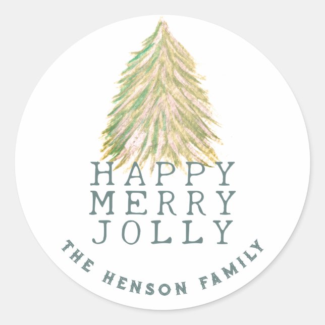 Festive Green Christmas Tree Watercolor Holiday Classic Round Sticker (Front)
