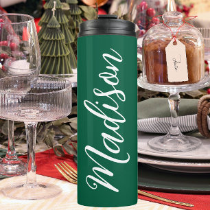 Festive Green Christmas White Handwritten Name Thermal Tumbler