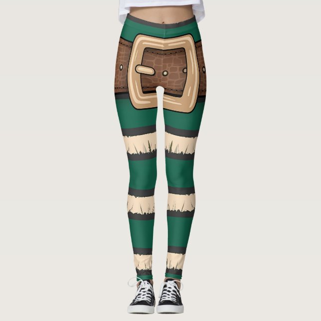 Festive Green Elf Costume Leggings - Holiday Strip (Front)