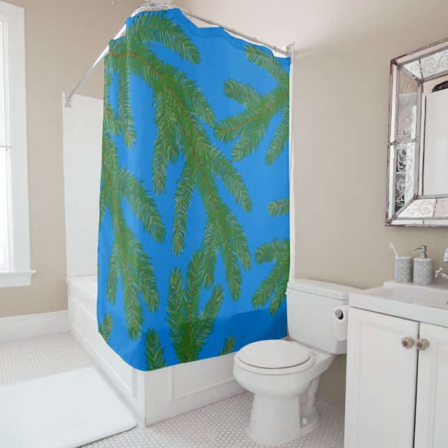 Festive Green fir tree branches and twigs Blue Shower Curtain (In Situ)