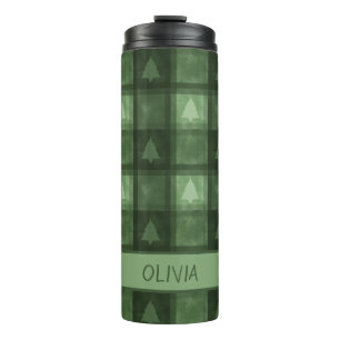 Festive Green Fir Tree Plaid And Name Christmas Thermal Tumbler