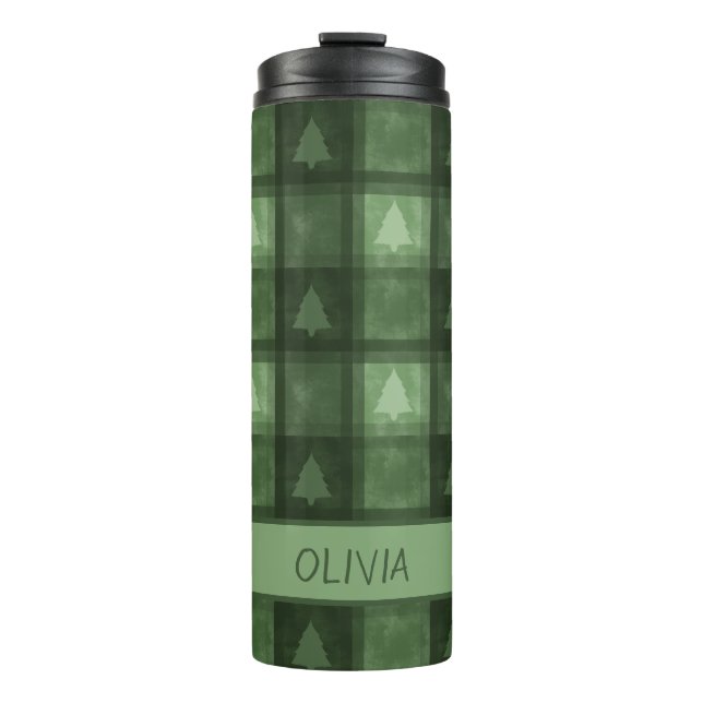 Festive Green Fir Tree Plaid And Name Christmas Thermal Tumbler (Front)