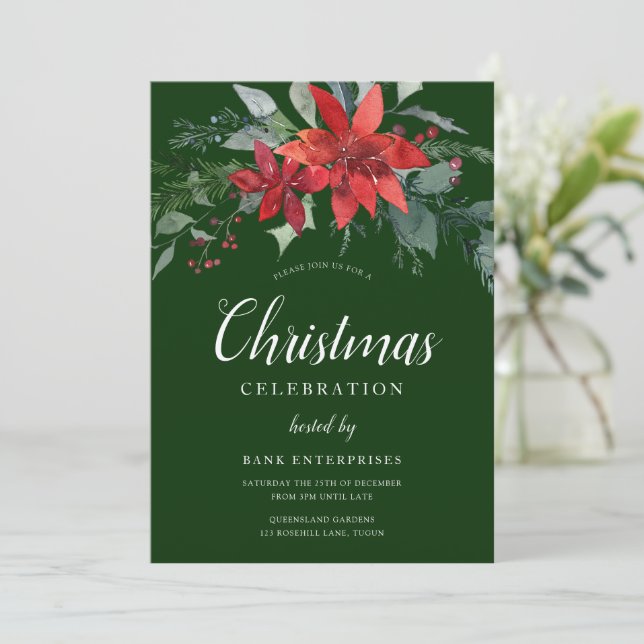 Festive Green Floral Christmas Party  Invitation (Standing Front)