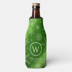 Festive Green Foil Snowflakes Monogram Name Bottle Cooler
