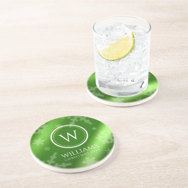 Festive Green Foil Snowflakes Monogram Name Coaster (Side)
