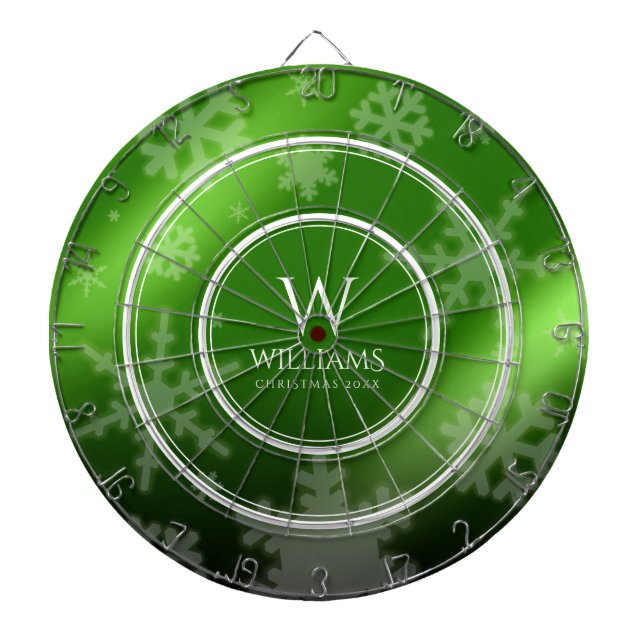 Festive Green Foil Snowflakes Monogram Name Dartboard (Front)