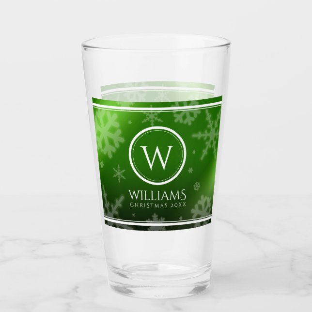Festive Green Foil Snowflakes Monogram Name Glass (Front)