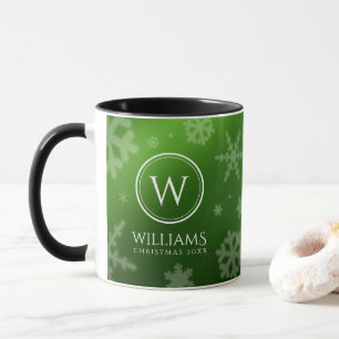 Festive Green Foil Snowflakes Monogram Name Mug