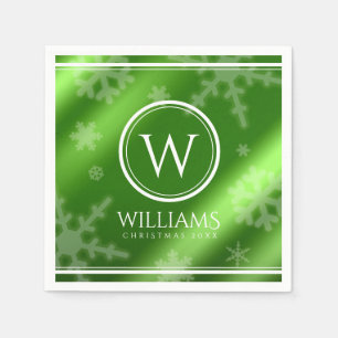 Festive Green Foil Snowflakes Monogram Name Napkin