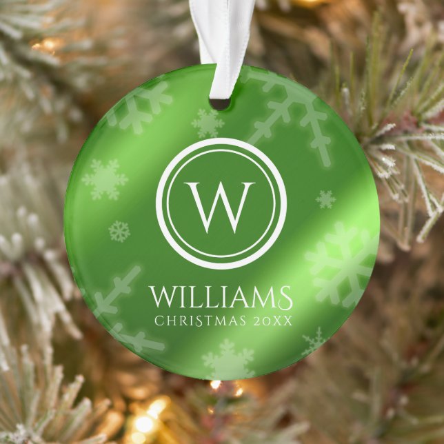 Festive Green Foil Snowflakes Monogram Name Ornament (Tree)