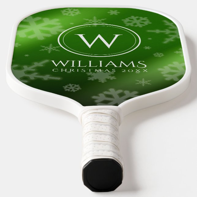 Festive Green Foil Snowflakes Monogram Name Pickleball Paddle (Laydown)
