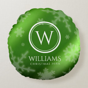 Festive Green Foil Snowflakes Monogram Name Round Cushion